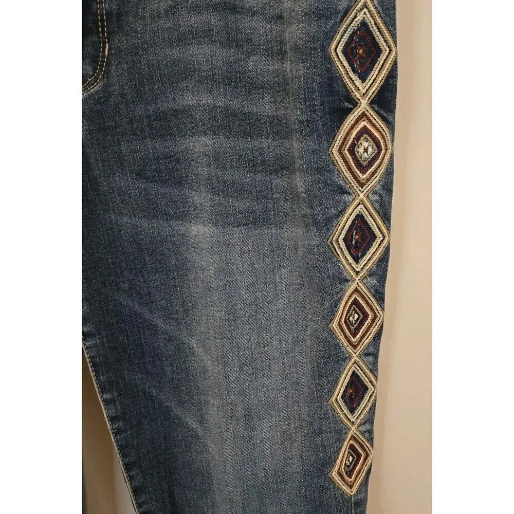 Embroidered Diamond Side Leg Skinny Leg Jeans Womens 6 Mid Rise Med Wash 30
